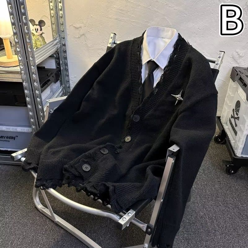 メンズ 黒 ファッション メンズ黒ニットカーディガン長袖ボタン付きトップス