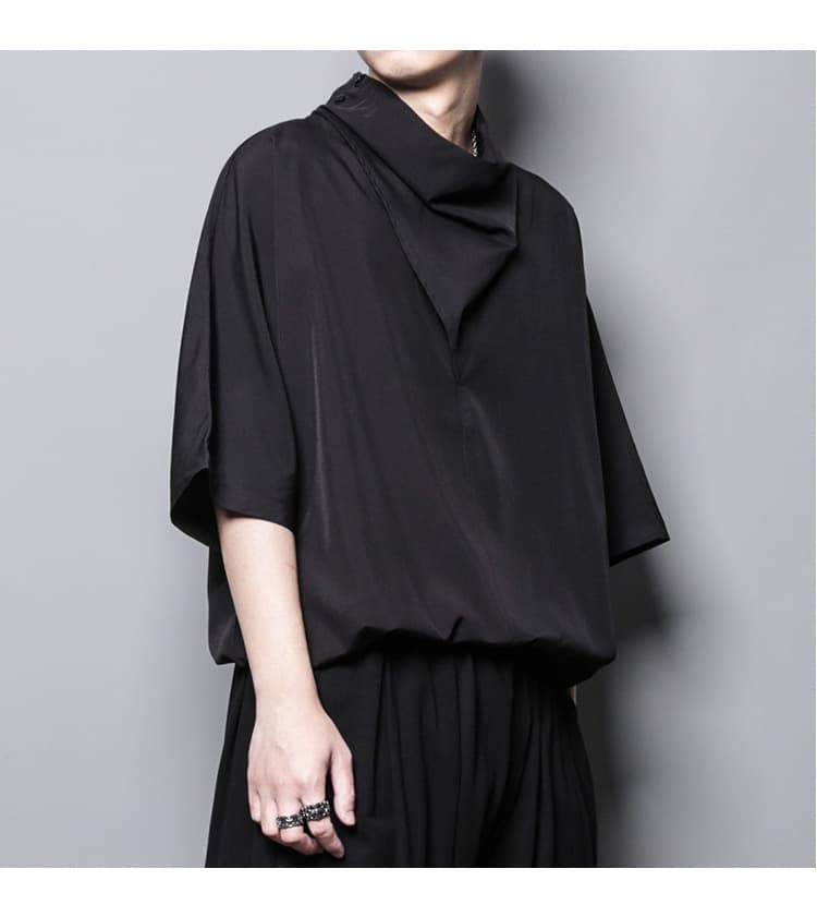 メンズ 黒 ファッション デザイナーズ風ドレープネックシャツ