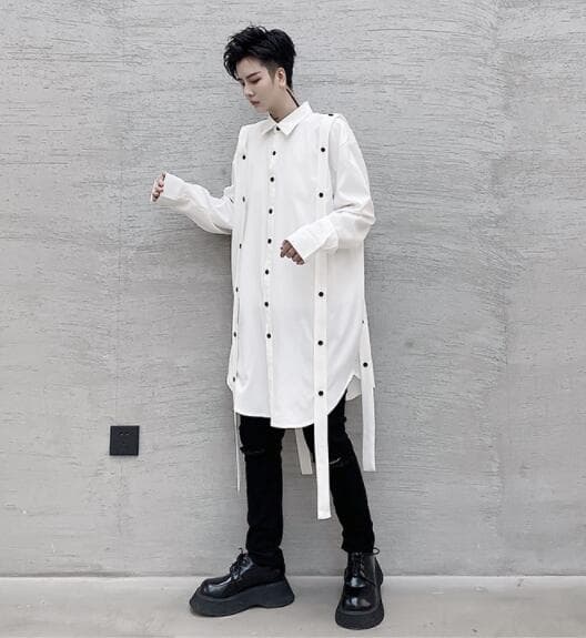 メンズ 黒 ファッション 春物メンズ黒長袖シャツ暗黒系パール装飾