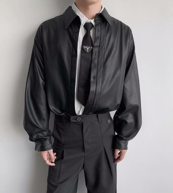 メンズ 黒 ファッション 黒合皮長袖シャツ 男性用カジュアルトップス