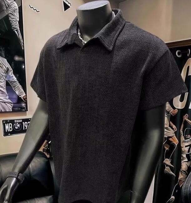 メンズ 黒 ファッション メンズ黒ニットポロシャツ半袖カジュアルトップス