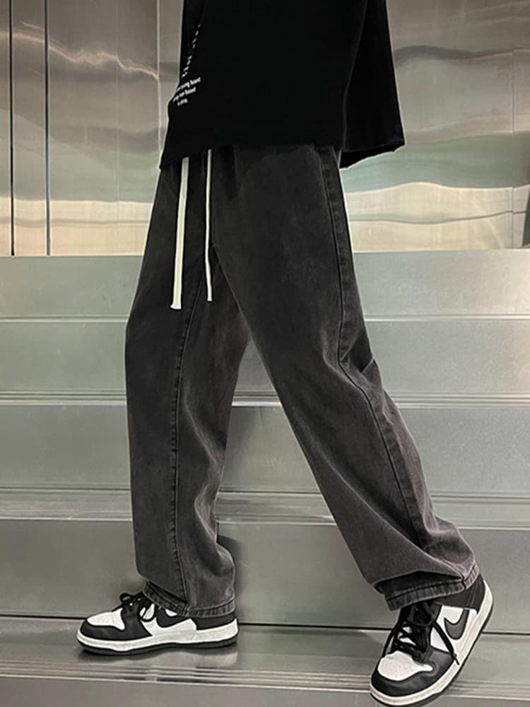 メンズ 黒 ファッション パンツ ゆったりワイドデニムパンツ