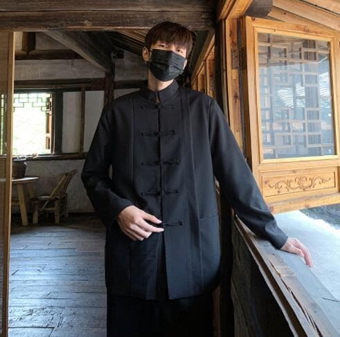 メンズ 黒 ファッション メンズ黒チャイナシャツ中国風カジュアル長袖