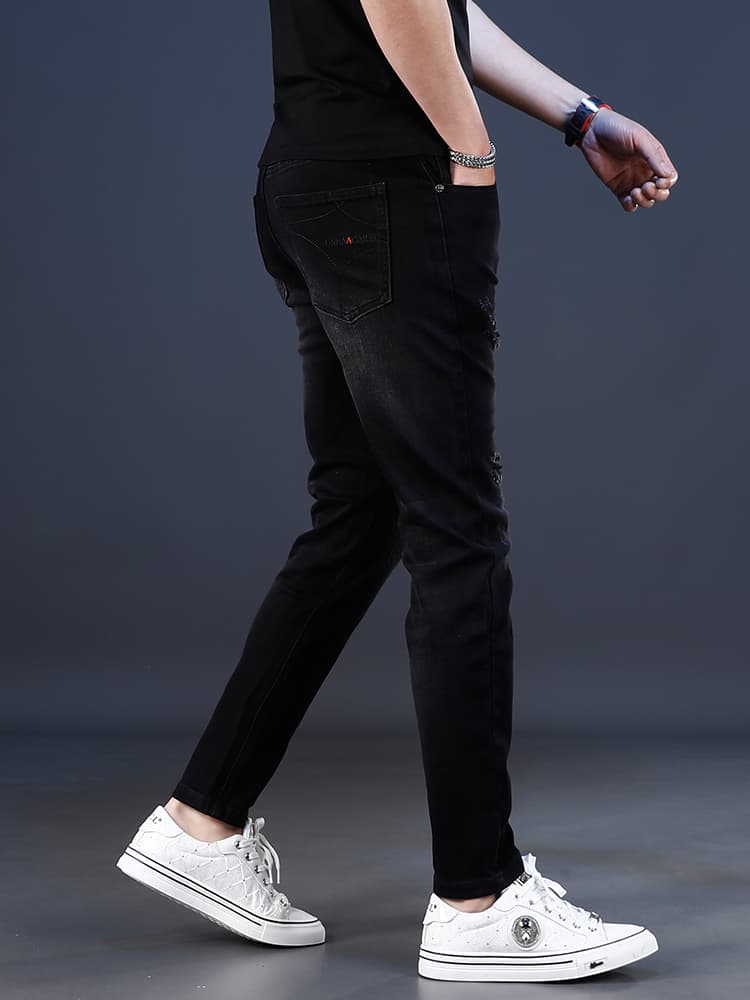 メンズ黒ファッション パンツ ヴィンテージ風ダメージ加工細身パンツ