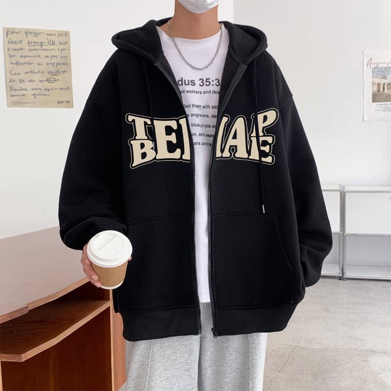 メンズ 黒 ファッション パーカー ビッグロゴ ジップアップ パーカー