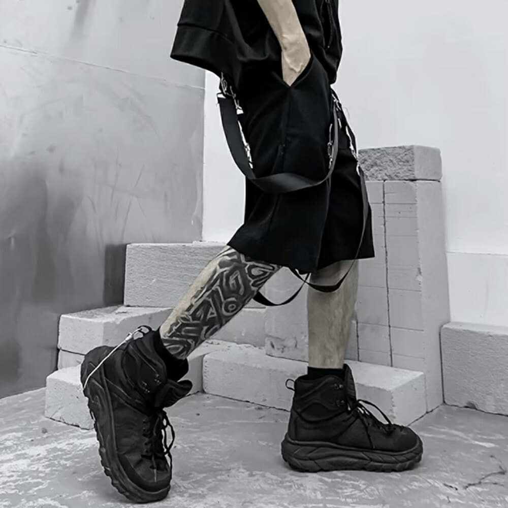 メンズ 黒 ファッション 黒カーゴハーフパンツ ベルト付き膝丈ボトムス