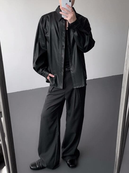 メンズ 黒 ファッション 黒合皮長袖シャツ 男性用カジュアルトップス