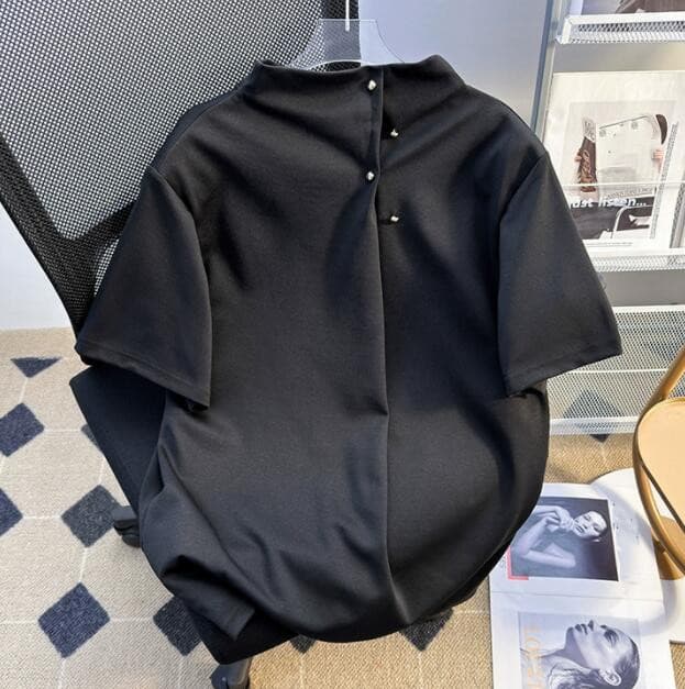 メンズ 黒 ファッション メンズ 黒 半袖 立ち襟 シャツ カジュアル