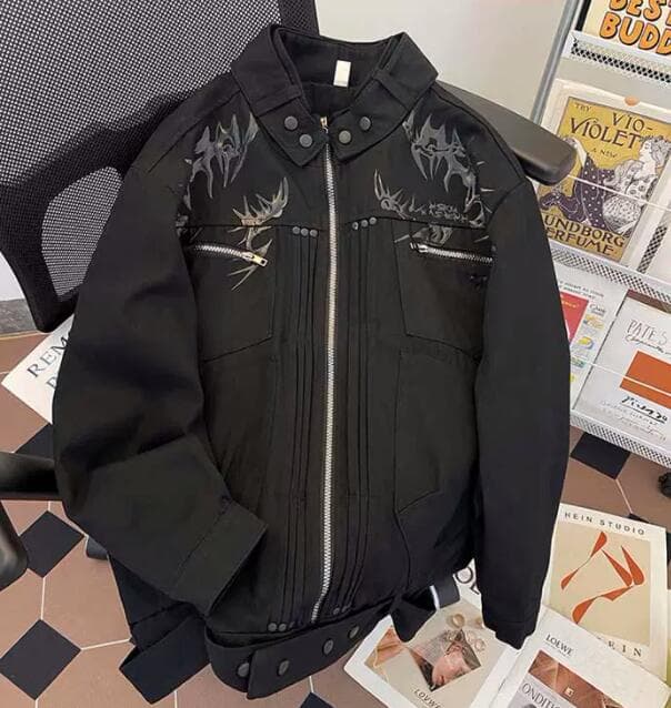 メンズ 黒 ファッション メンズ 黒 刺繍デザイン ブルゾンジャケット
