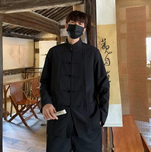 メンズ 黒 ファッション メンズ黒チャイナシャツ中国風カジュアル長袖