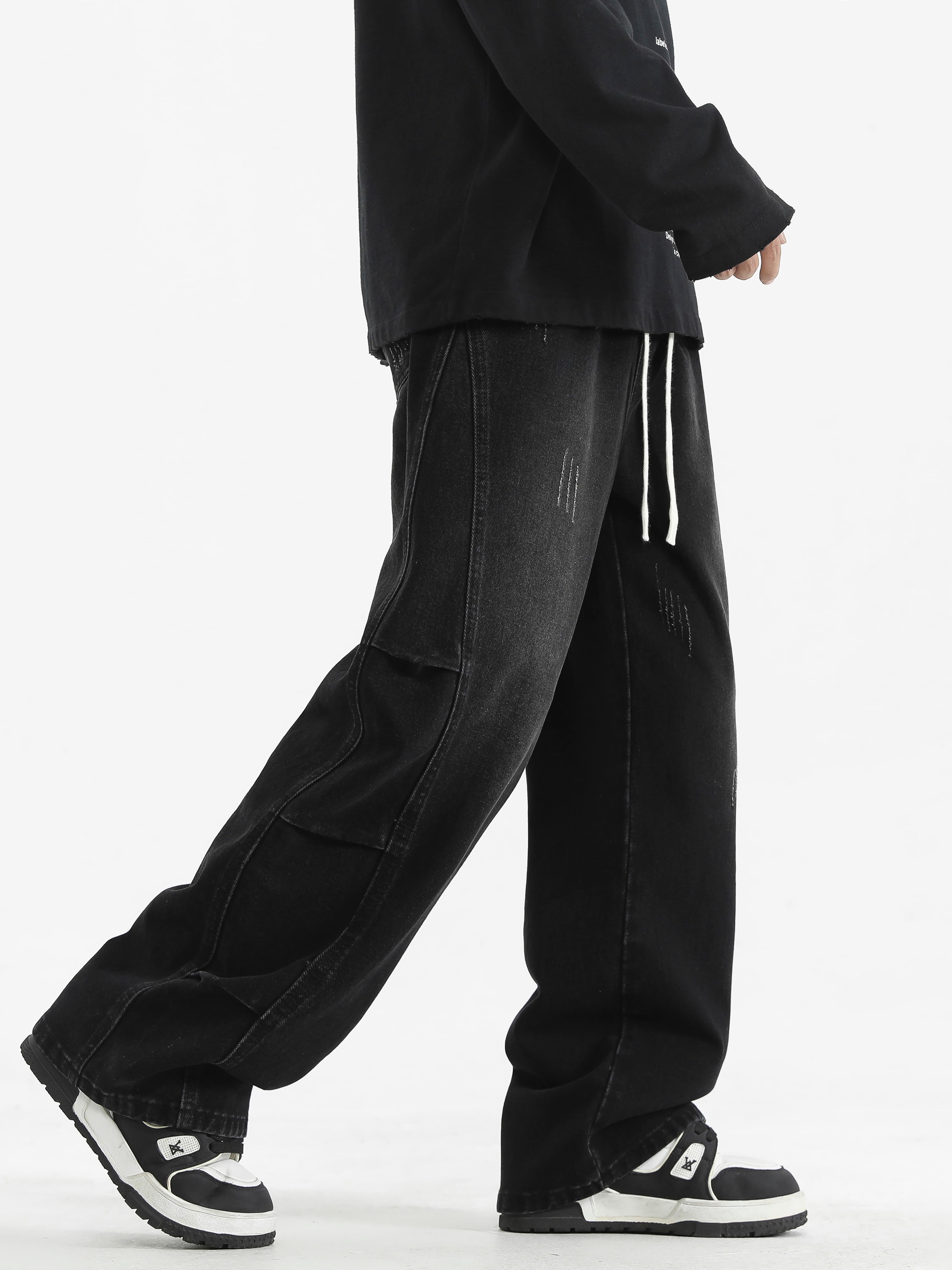 メンズ 黒 ファッション パンツ ダメージ加工ワイドデニムパンツ