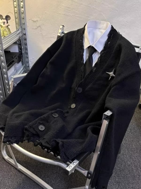 メンズ 黒 ファッション メンズ黒ニットカーディガン長袖ボタン付きトップス