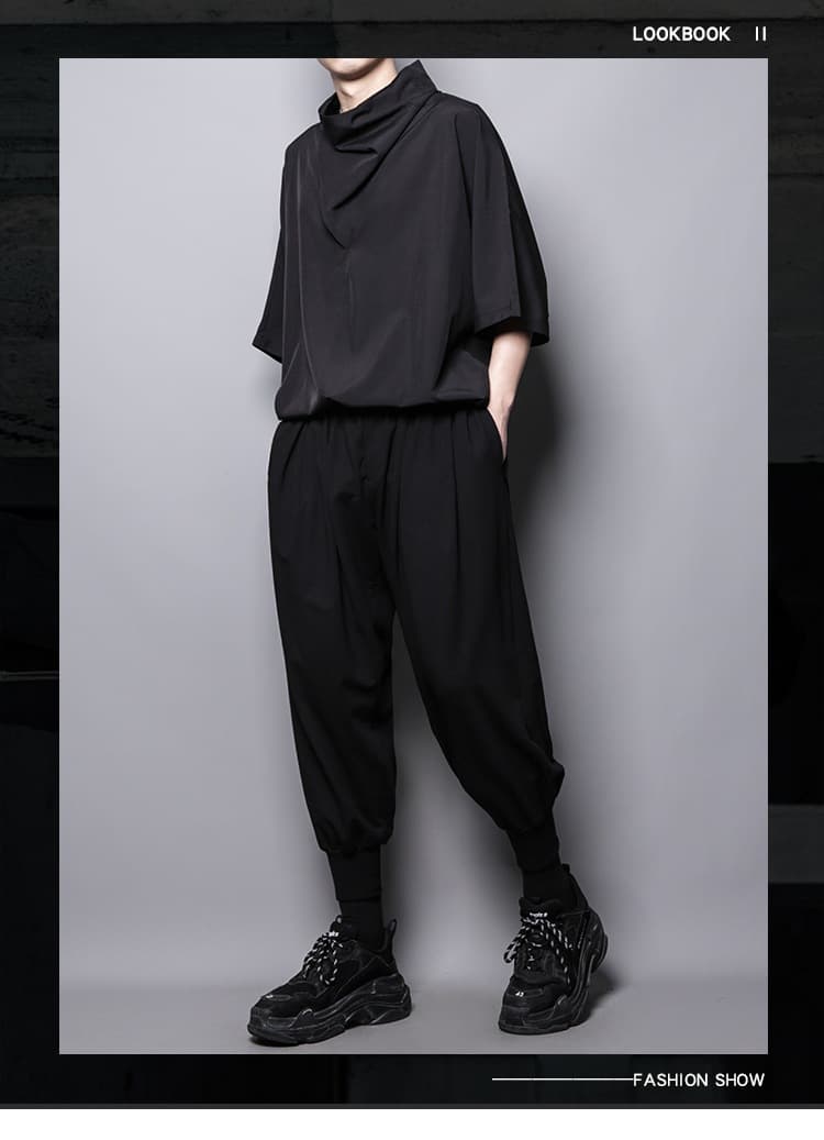 メンズ 黒 ファッション デザイナーズ風ドレープネックシャツ