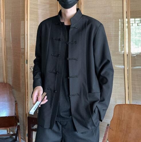メンズ 黒 ファッション メンズ黒チャイナシャツ中国風カジュアル長袖