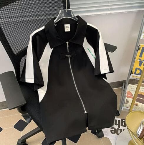 メンズ 黒 ファッション メンズ黒半袖シャツ白ライン入りカジュアルトップス