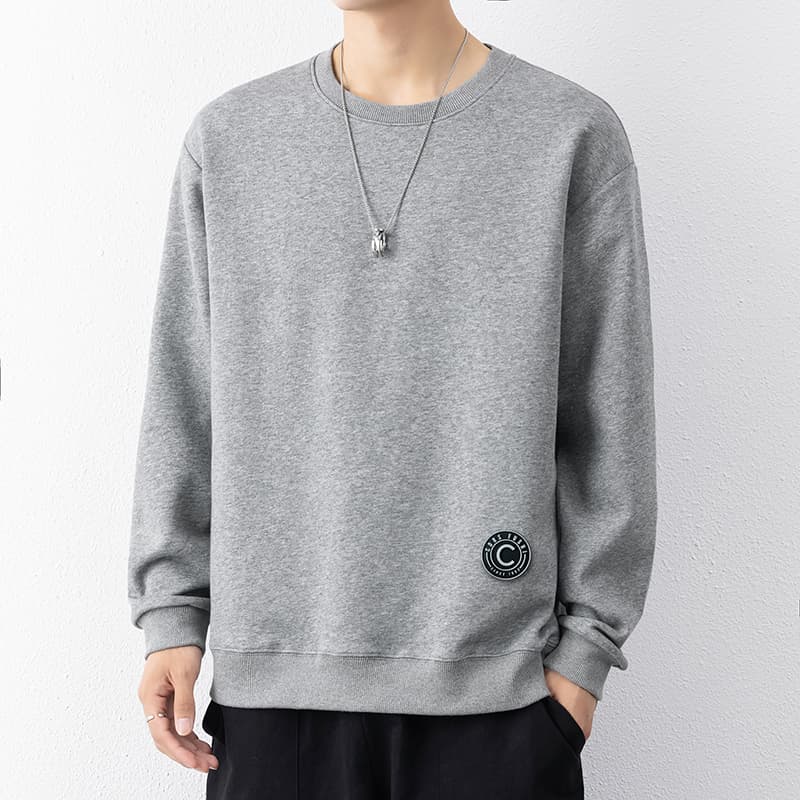 メンズ黒ファッション スウェット シンプル丸首ワッペンスウェット