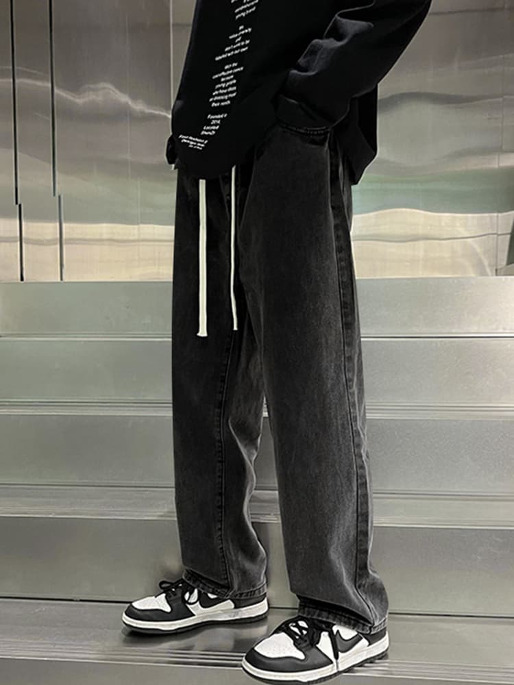 メンズ 黒 ファッション パンツ ゆったりワイドデニムパンツ