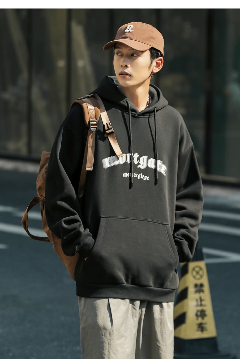 メンズ 黒 ファッション 古典書体プリント フード付きパーカー