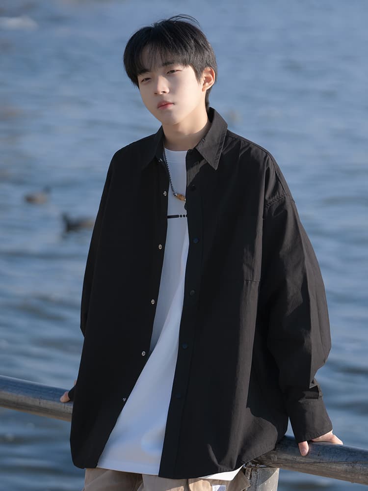 メンズ 黒 ファッション シャツ シンプル落ち感シャツ