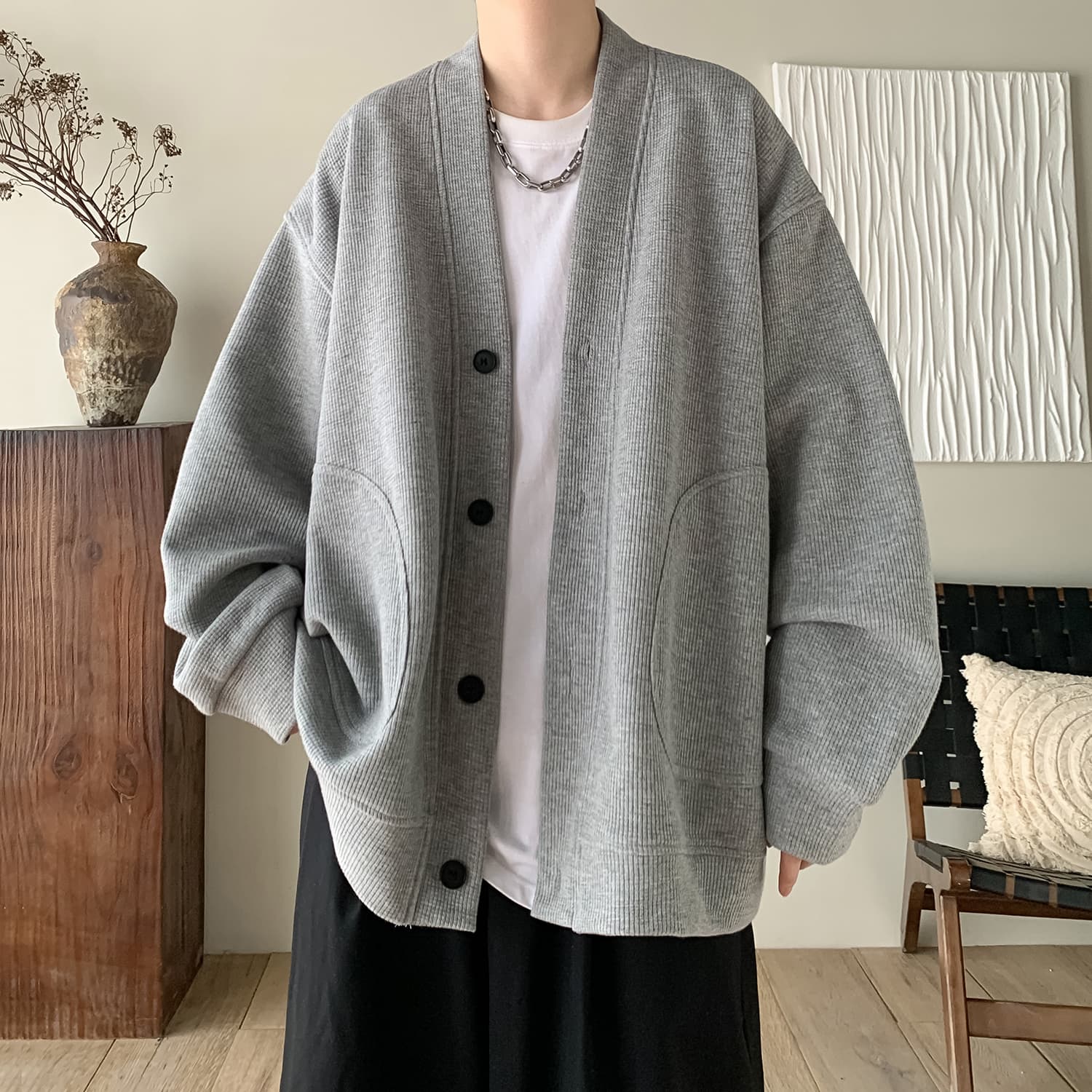 メンズ黒ファッション カーディガン リブ編みオーバーサイズ