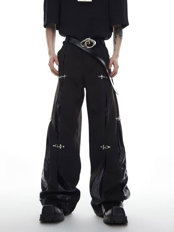 メンズ 黒 ファッション メンズ 黒 合成革切替 ワイドパンツ ストリート系