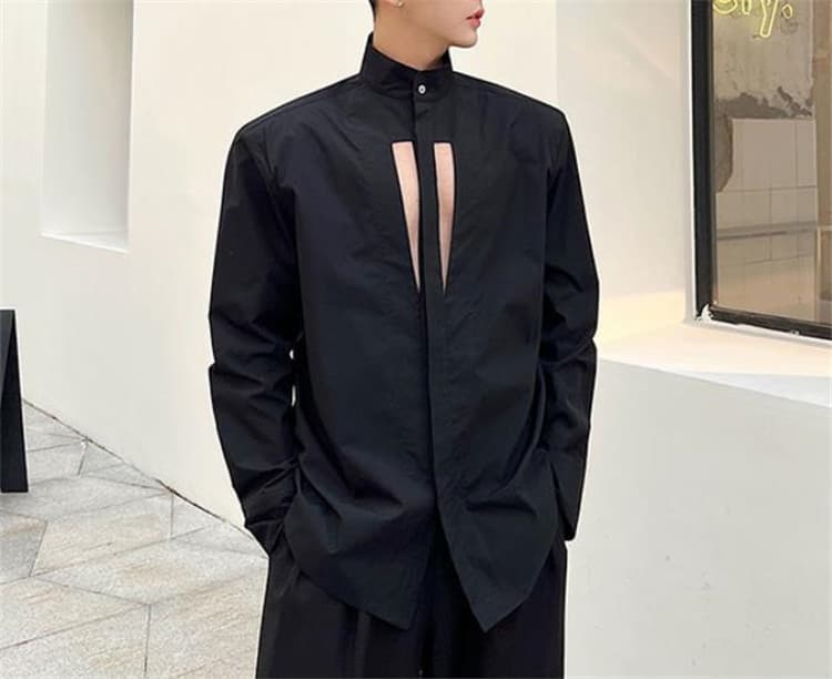 メンズ 黒 ファッション 胸元切り抜きデザインシャツ メンズ 黒 長袖