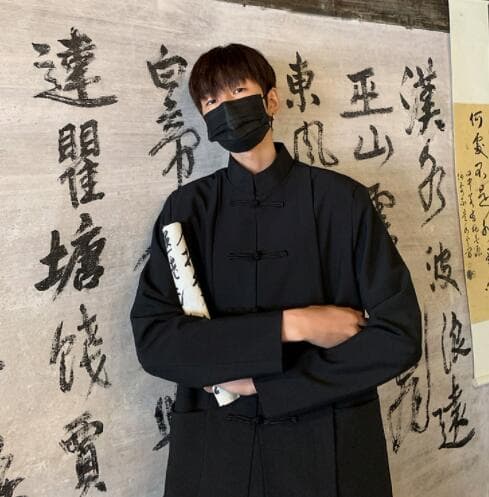 メンズ 黒 ファッション メンズ黒チャイナシャツ中国風カジュアル長袖