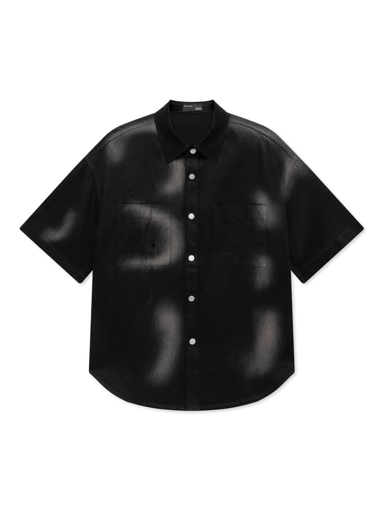 メンズ黒ファッション シャツ 影模様半袖オーバー