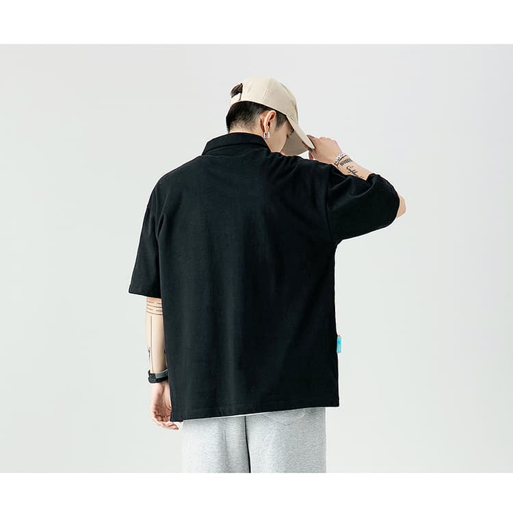 メンズ 黒 ファッション ゆったりシルエットワンポイントポロシャツ