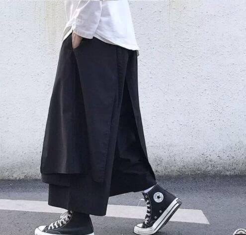 メンズ 黒 ファッション 暗黒系レイヤード九分丈ワイドパンツ