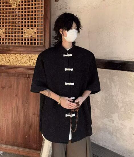 メンズ 黒 ファッション メンズ黒中国風半袖シャツ和装カジュアルトップス