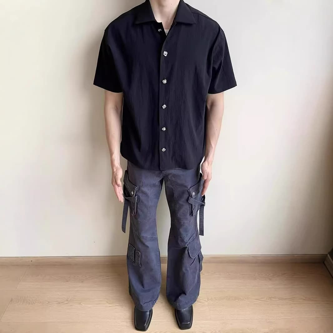 メンズ 黒 ファッション シンプル上質感半袖オープンカラーシャツ