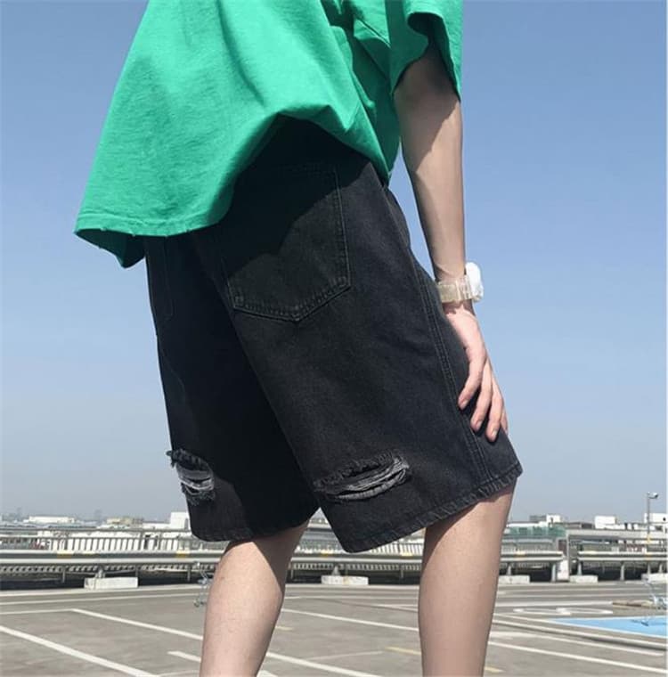 メンズ 黒 ファッション メンズ黒ダメージデニムハーフパンツ夏用ゆったり