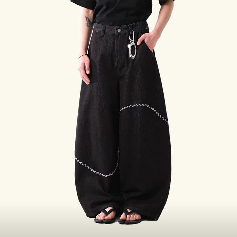 メンズ 黒 ファッション メンズ黒デニム刺繍入りワイドパンツ