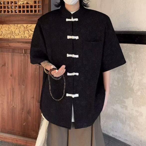 メンズ 黒 ファッション メンズ黒中国風半袖シャツ和装カジュアルトップス