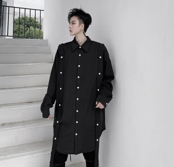 メンズ 黒 ファッション 春物メンズ黒長袖シャツ暗黒系パール装飾