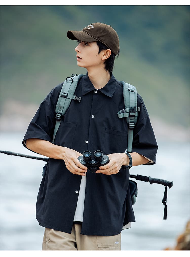メンズ 黒 ファッション シャツ シンプル半袖オーバーシャツ