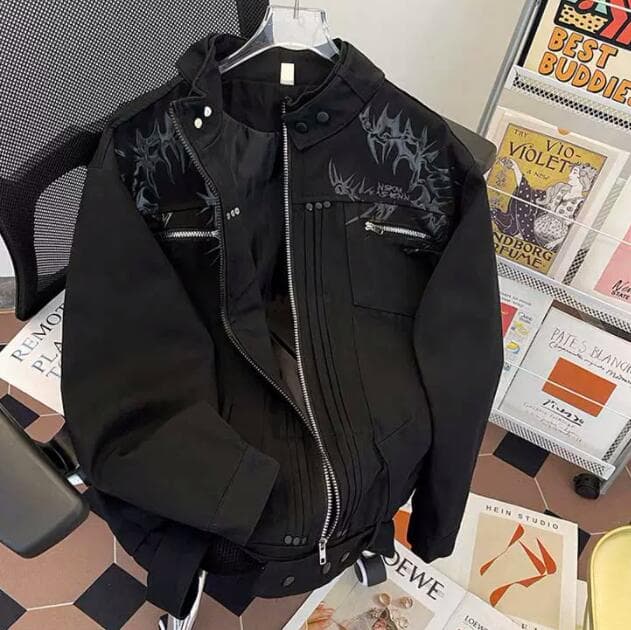 メンズ 黒 ファッション メンズ 黒 刺繍デザイン ブルゾンジャケット