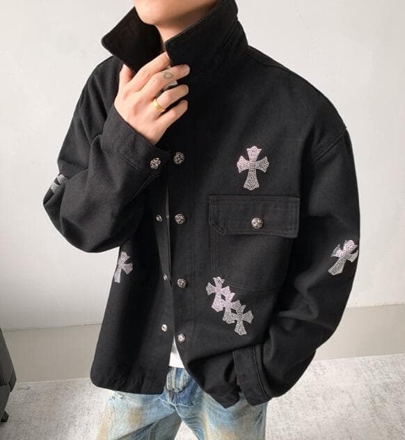 メンズ 黒 ファッション 秋冬メンズ黒デニムジャケット刺繍入り