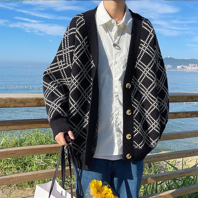 メンズ 黒 ファッション メンズ 黒 幾何学柄 ニットカーディガン 秋冬 羽織り