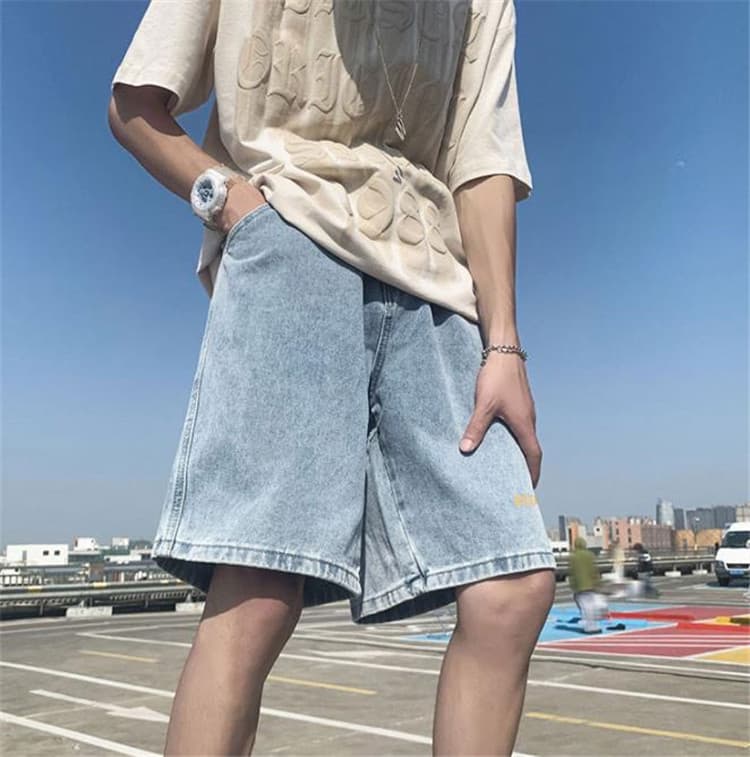 メンズ 黒 ファッション メンズ黒ダメージデニムハーフパンツ夏用ゆったり