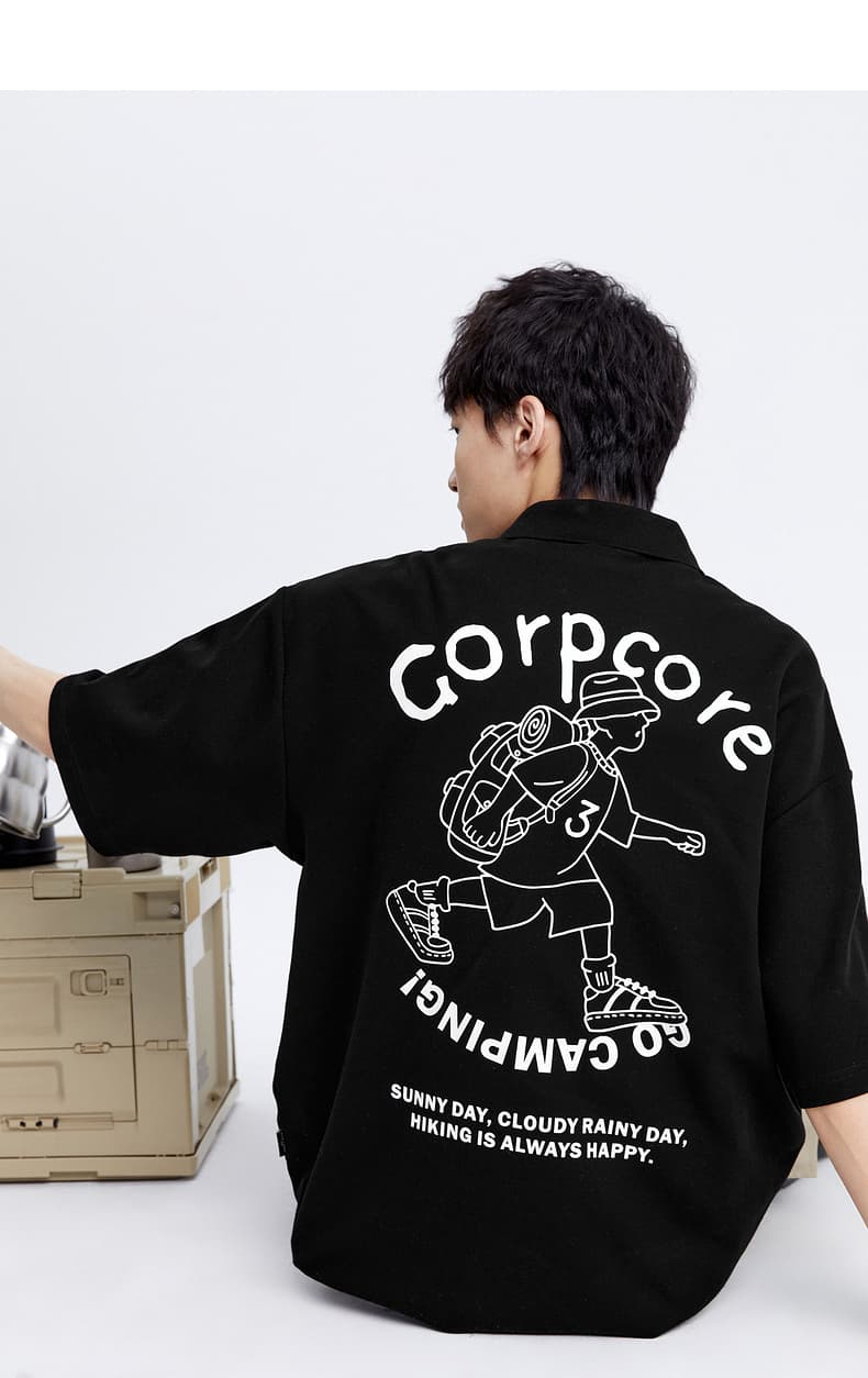 メンズ 黒 ファッション ポロシャツ キャラクターバックプリントポロシャツ