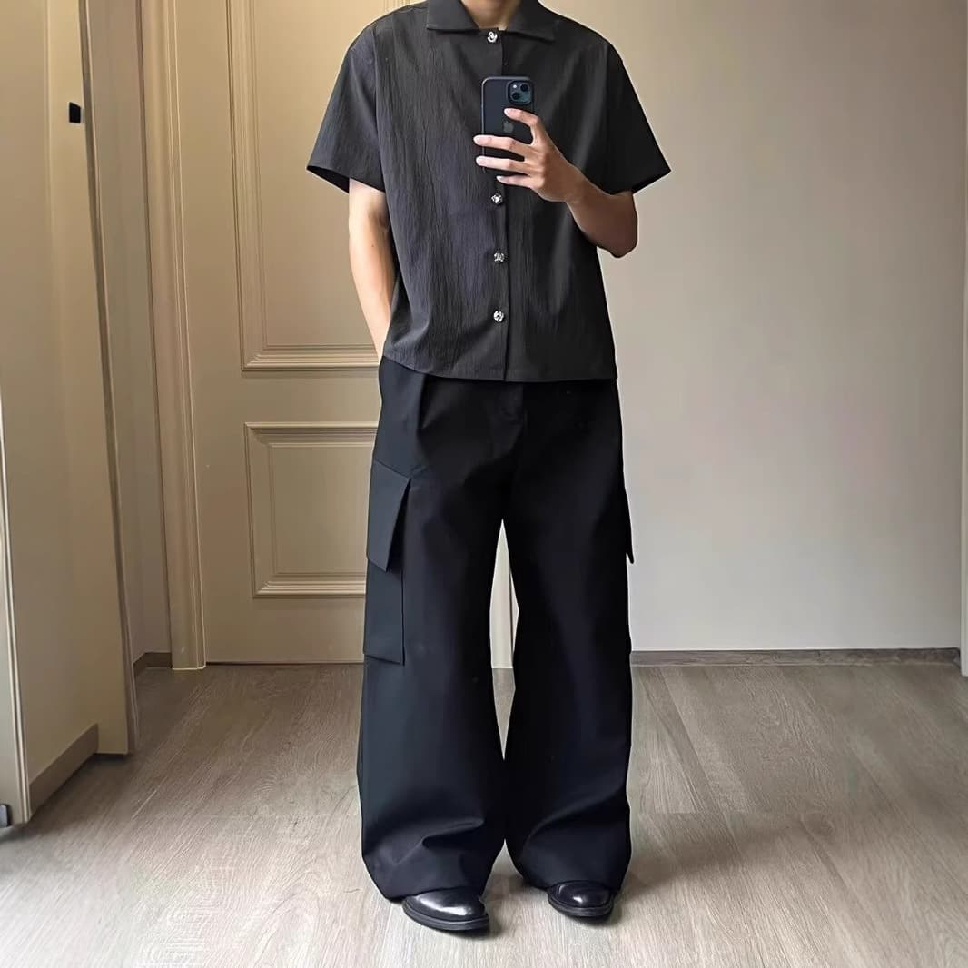 メンズ 黒 ファッション シンプル上質感半袖オープンカラーシャツ