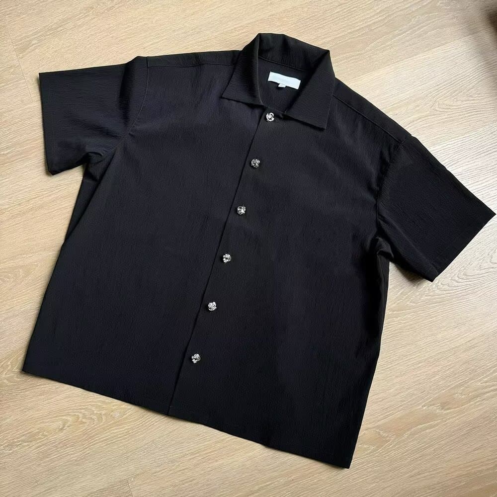メンズ 黒 ファッション シンプル上質感半袖オープンカラーシャツ