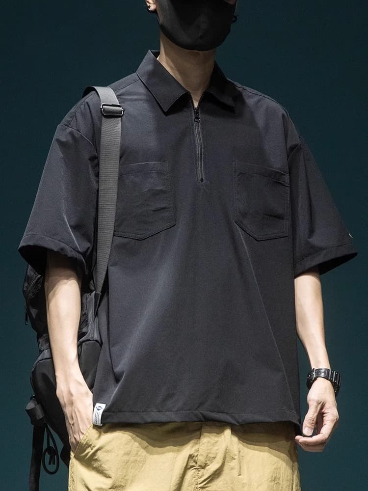 メンズ 黒 ファッション アーバンハーフジップポロシャツ
