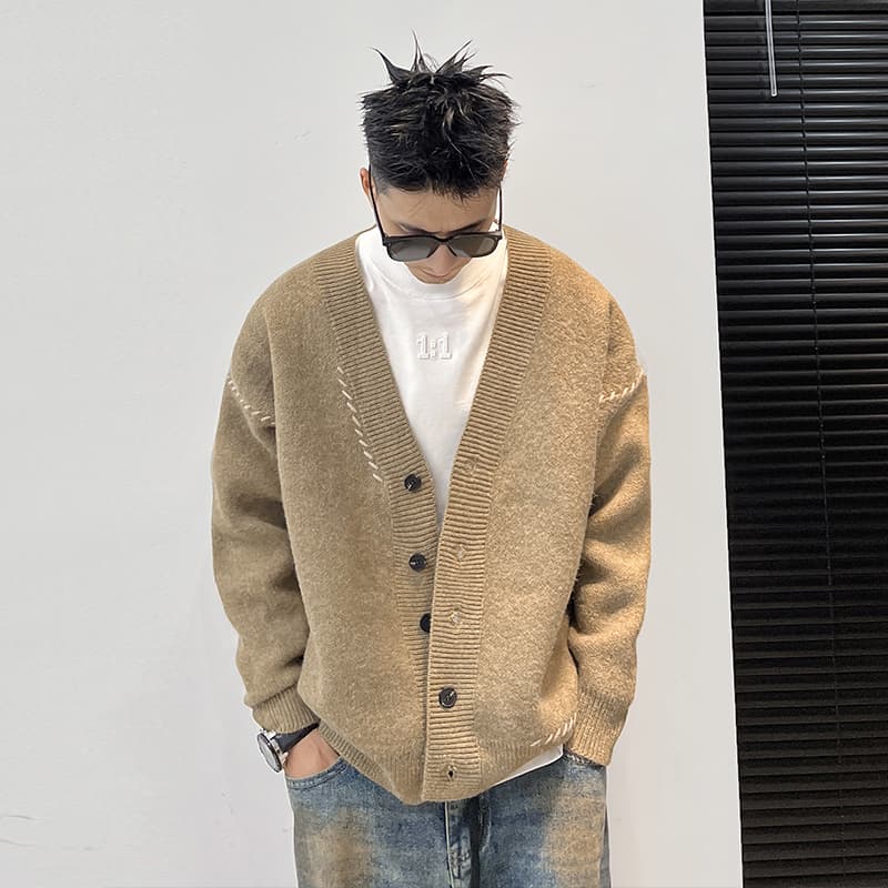 メンズ 黒 ファッション カーディガン ステッチラインオーバーサイズカーディガン
