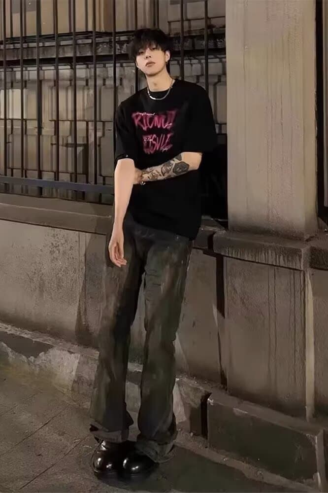 メンズ 黒 ファッション ストリート系グラフィティ半袖シャツ