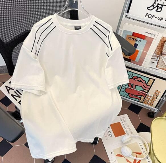 メンズ 黒 ファッション メンズ黒半袖ラインデザイン丸首カットソー