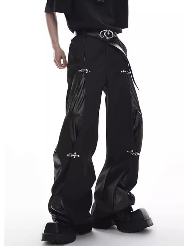 メンズ 黒 ファッション メンズ 黒 合成革切替 ワイドパンツ ストリート系