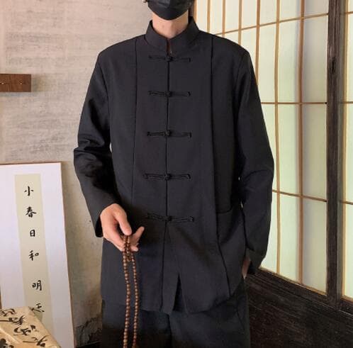 メンズ 黒 ファッション メンズ黒チャイナシャツ中国風カジュアル長袖